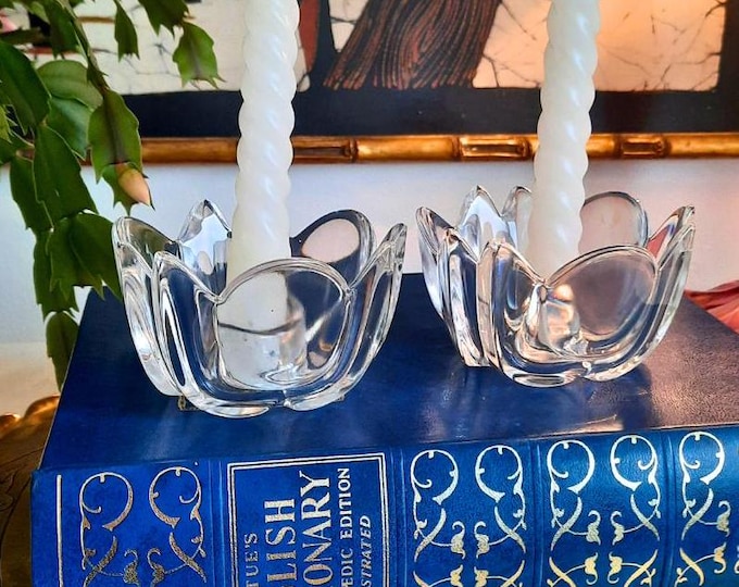Retro Swedish clear glass candle holders by Orrefors Pair, Scandinavian Tulips Shaped Candlestick Holders