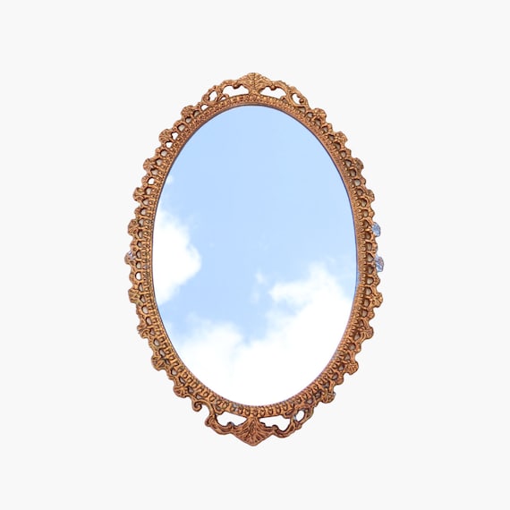 Mid Century Castcraft Oval Gilt Metal Mirror, Ornate Wall Mirror, Retro British Wall Mirror, Medium Size Wall Mirror