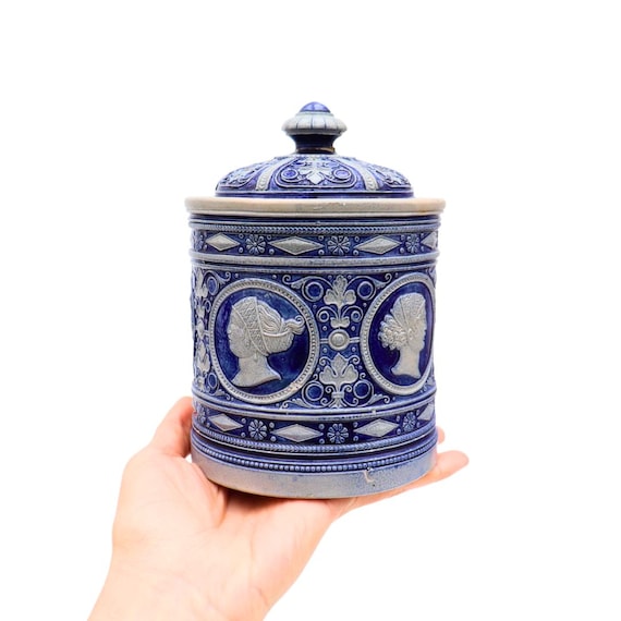 Antique German Westerwald Salt Glazed Lidded Jar With Neoclassical Maidens Decoration