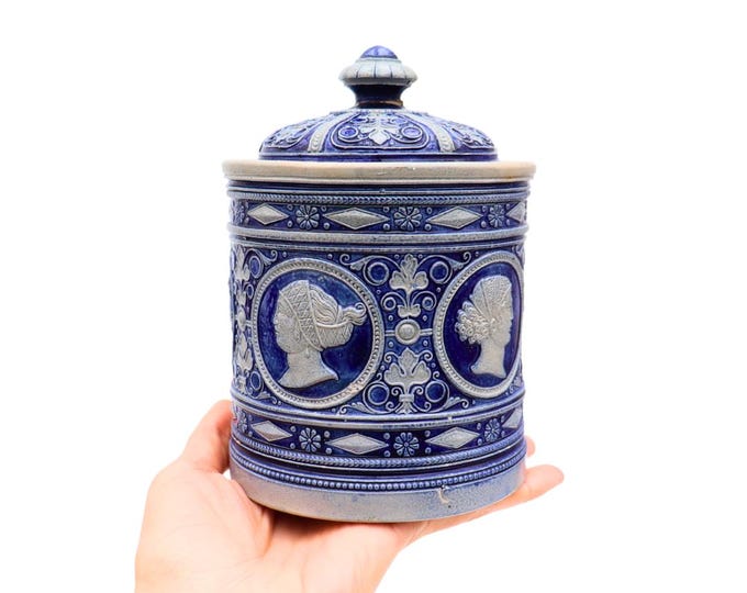 Antique German Westerwald Salt Glazed Lidded Jar With Neoclassical Maidens Decoration
