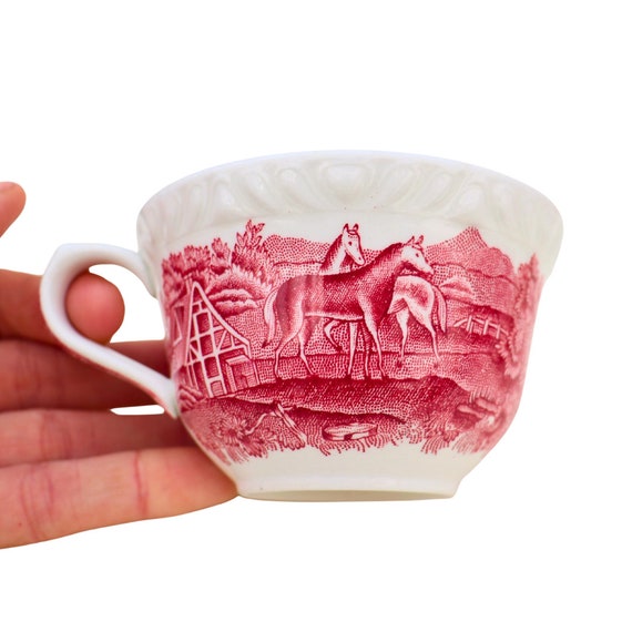 Adams Pink English Scenic Pattern Horses Farm Tea Cups, Retro English Tea Cups, Pretty Tea Cups, Adams Ironstone Te Cups, Price per one cup