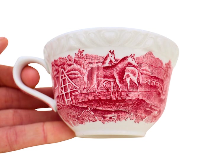 Adams English Scenic Pink Tea Cup: Vintage Ironstone Horse Farm Decor