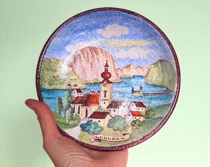 Small Hand Painted Wall Plate Of Gmunden Landscape Lake Schloss In Austria By Gundner Cracled Effect D 7.7 in