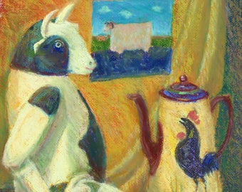 The Cow,the Sheep and The Cock,Sub-realist Pastel Drawing By Marjorie Primrose H 23.7''.