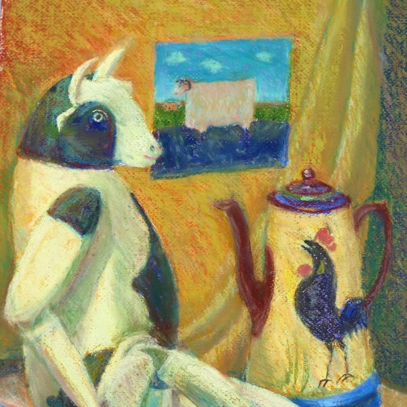 The Cow,the Sheep and The Cock,Sub-realist Pastel Drawing By Marjorie Primrose H 23.7''.