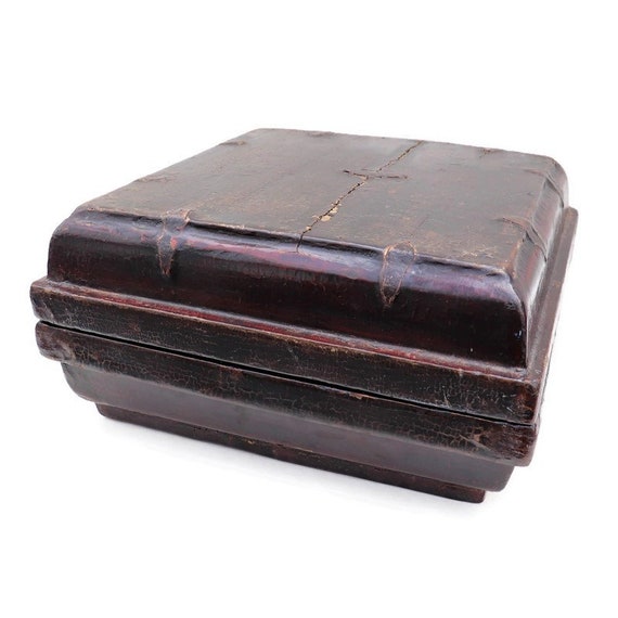 Antique Chinese Lacquered Lidded Wooden Box From Shanxi Province .