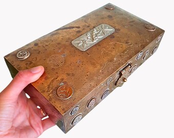 Large Mid Century Chinese Patinated Brass Box Humidor Good Auspicious Symbols