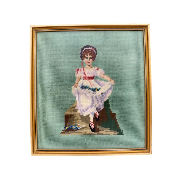 Old Needle Point Wooden Golden Frame Young Girl Kid Holding Her Dress , Cottage Core Wall Decor