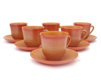 Mid Century Arcopal Volcano Coffee Cups And Saucers Set Of 6,  Vintage French Opaline Glass Coffee Cups Set, Retro Coffee cups