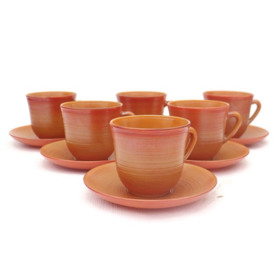 Mid Century Arcopal Volcano Coffee Cups And Saucers Set Of 6,  Vintage French Opaline Glass Coffee Cups Set, Retro Coffee cups