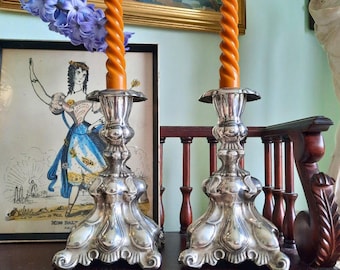 Antique Scandinavian Baroque Nickel Silver Candlestick Holders Pair Marked Prima NS Alp Made In Sweden Early 1900's.