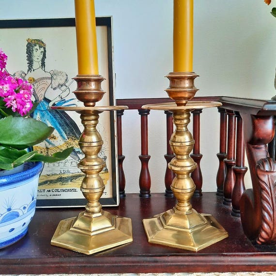 Antique Rare Two Tones Brass and Copper Candlesticks Holders Pair H 6.7'' Hexagonal Bases 1910