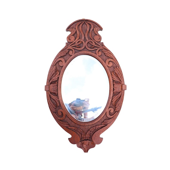 Antique Arts And Crafts Hand-Carved Ornate Wooden Oval Wall Mirror, Country Cottage Wall Mirror, English Wall Mirror