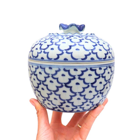 Vintage Ceramic Thai Blue and White Round Lidded Bowl Chinoiserie Lidded Bowl Made In Thailand 5.7 Inches Tall