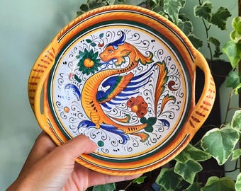 Vintage Deruta Italy Hand Painted Decorative Bowl Handles  Raffaelesco Dragon, Italian Pottery