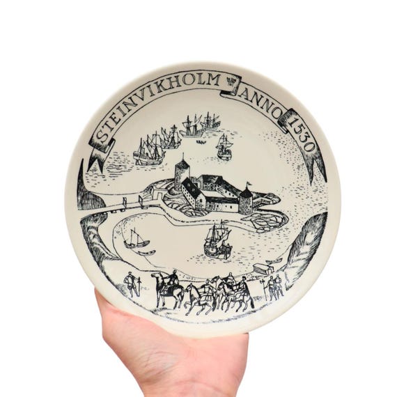 Mid Century Scandinavian Wall Plate By Stavangerflint Depicting History Glimpses Of Trondelag Steinvikholm Castle Norway 1530 RARE