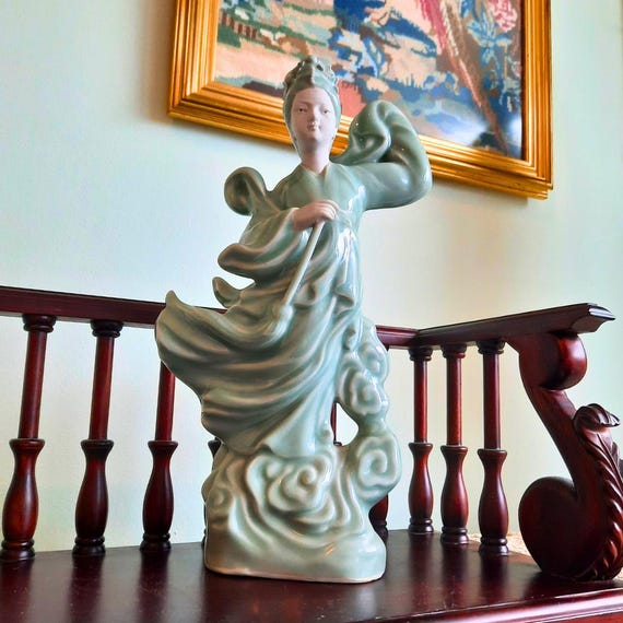 Mid Century Chinese Ceramic Celadon Glaze Gwan Yin Goddess Statue Chinoiserie Decor 11.2 inches tall