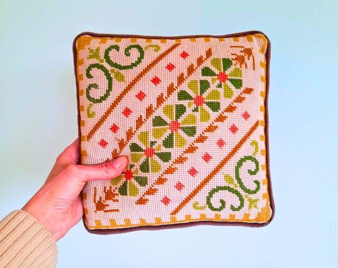 Vintage Small Cross Stich Cushion Floral and Geometric Pattern 10.2 in w
