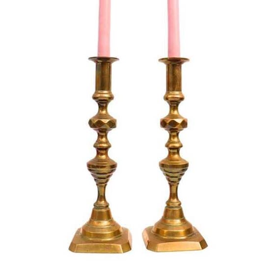 Antique Large Pair Of Victorian Beehive Brass Candlesticks Holders Pair H 30 cm