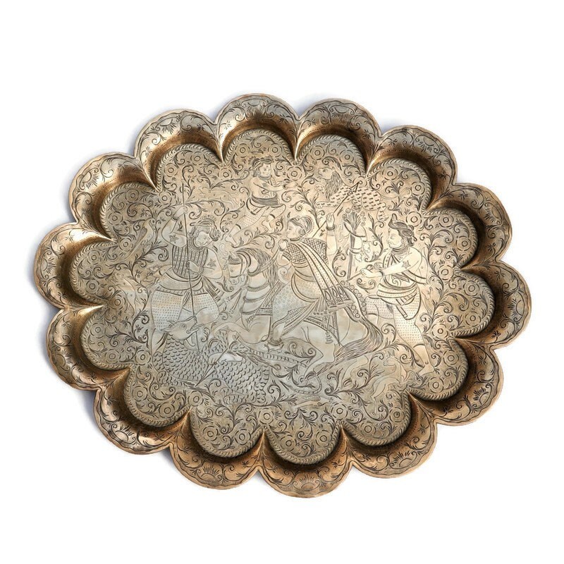 Large Antique Indian Brass Tray With Hindu Gods Fighting Vrita