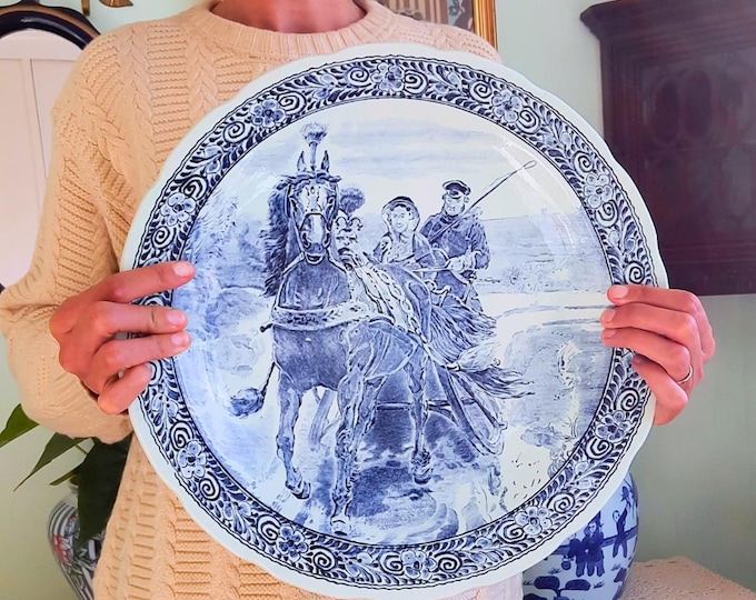 Large Delft Wall Plate Dutch Winter Scene With Horse Carriage By Boch Royal Sphinx c1960s, 39 Cm Diameter
