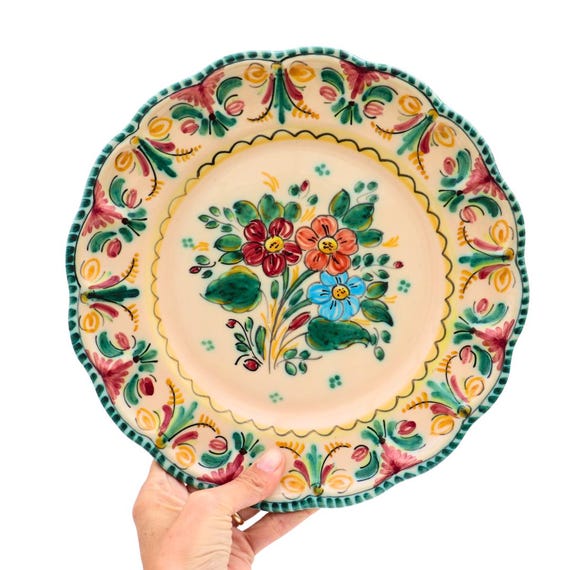 Vintage Ceramic Wall Plate Made In Canary Islands in Spain Hand-Painted Flowers 11.7 in Diameter