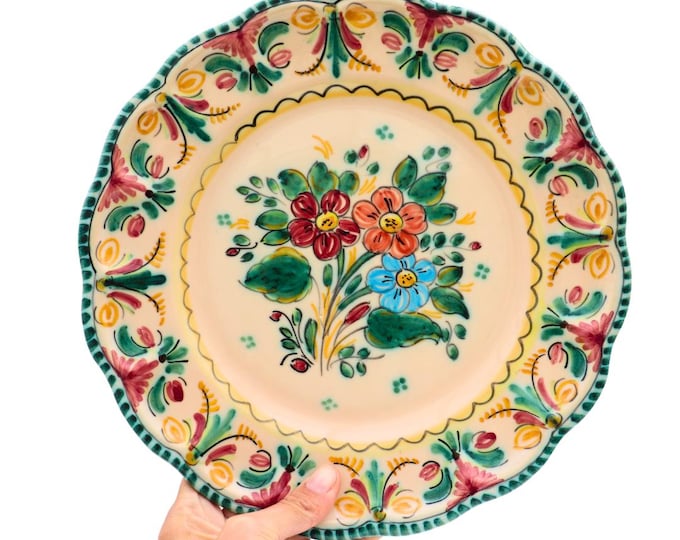 Vintage Ceramic Wall Plate Made In Canary Islands in Spain Hand-Painted Flowers 11.7 in Diameter