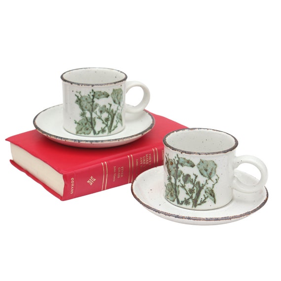 Two Midwinter Stonehenge England 'Green Leaves' tea cup ,coffee cup and Saucers, Mid Century Modern Tea Cups for Two.