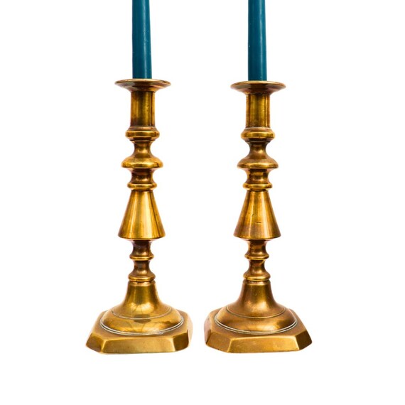 Large and Chunky Pair Of Victorian Brass Candlesticks Pair H 10.7''