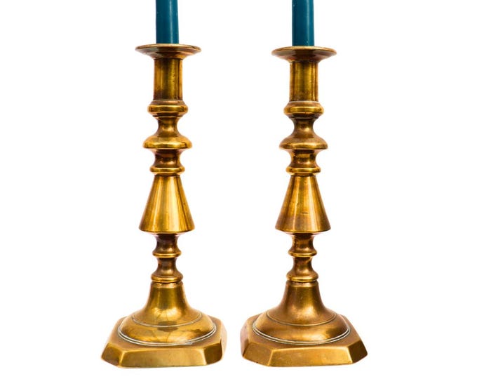 Large and Chunky Pair Of Victorian Brass Candlesticks Pair H 10.7''