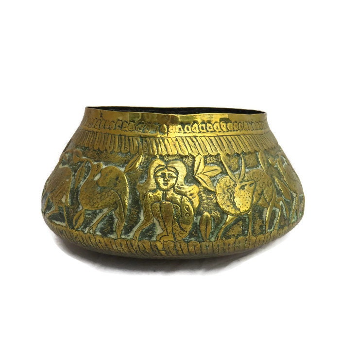 Antique Middle Eastern Hand Etched Brass Cachepot Bowl Jardiniere