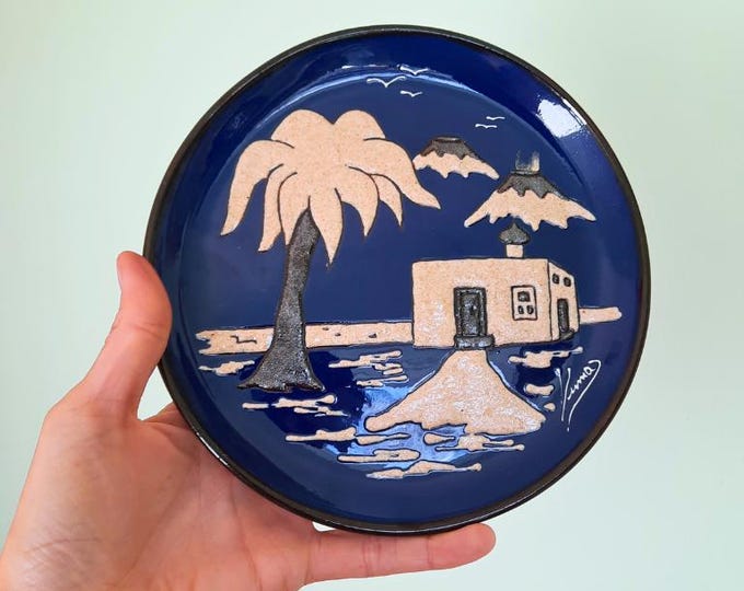 Small Spanish Pottery Hand Painted Wall Plate From Tenerife Volcano Palm Tree Motif 7.7 In