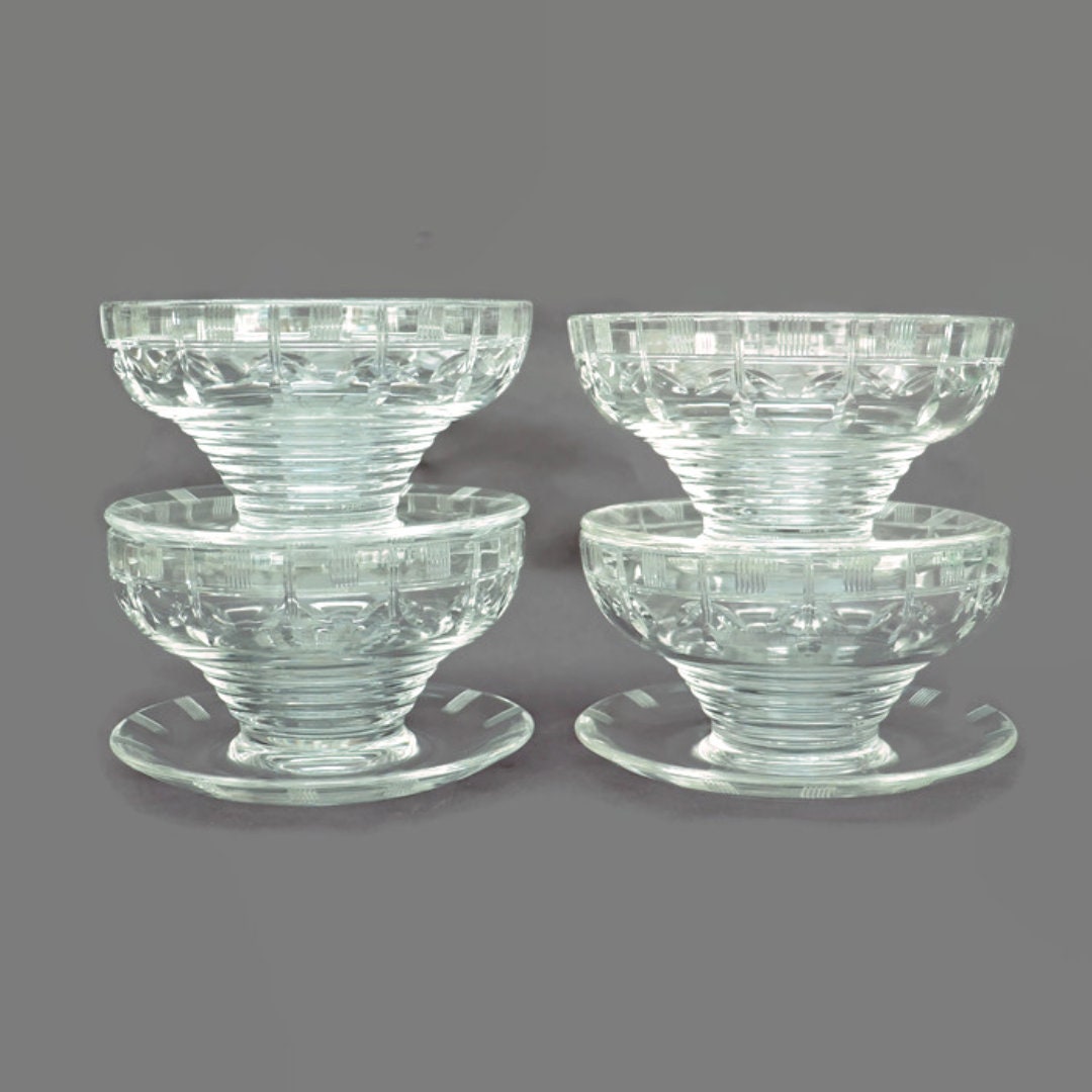 Art Deco Stuart Crystal Footed Dessert Bowls on Base X4, Antique Stuart Crystal Dessert Bowls