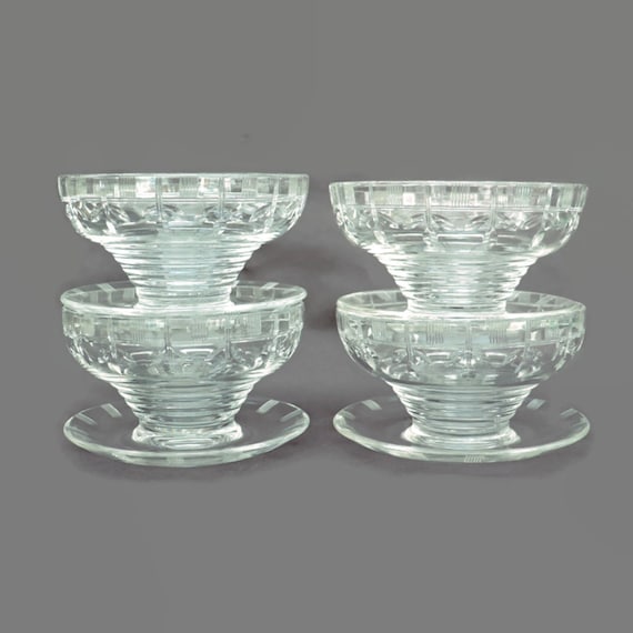 Art Deco Stuart Crystal footed Dessert Bowls on Base x4, Antique Stuart Crystal Dessert Bowls, Art Deco Sunday Dish