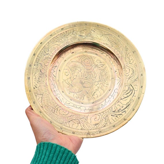 Small Chinese Hand Engraved Brass Tray With Dragon Chasing Pearl Decoration  D 10 '', Chinese Tray For one