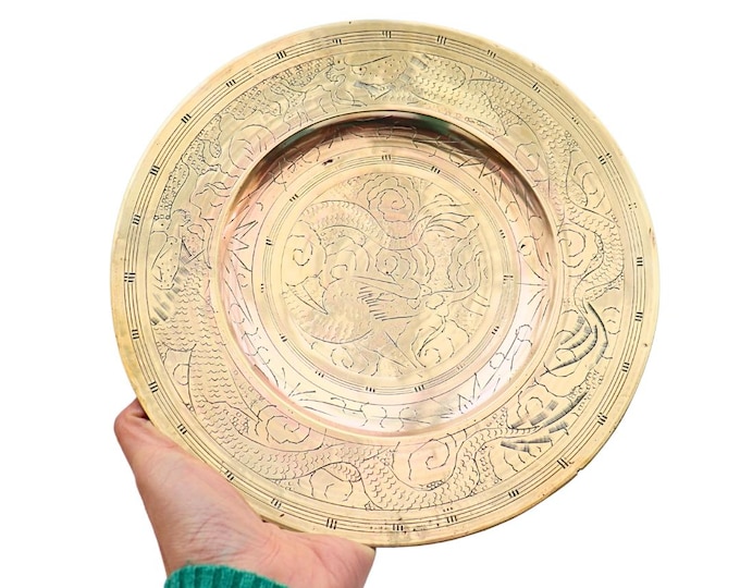 Hand Engraved Brass Dragon Tray: Chinese Home Decor (10 inch)