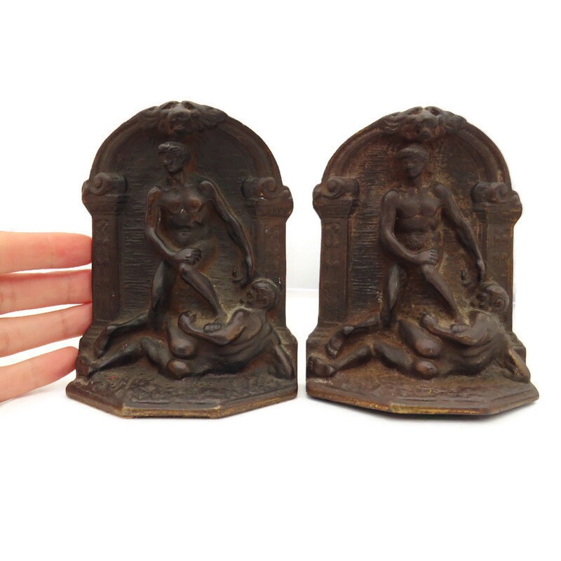 Antique Cast Iron Metal Bookend Pair BY Verona Classical Style Nude Men