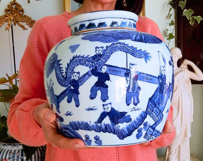 Large Blue and White Hand Painted Chinese Dragon Ginger Jar: Ming Style Ceramic Decor