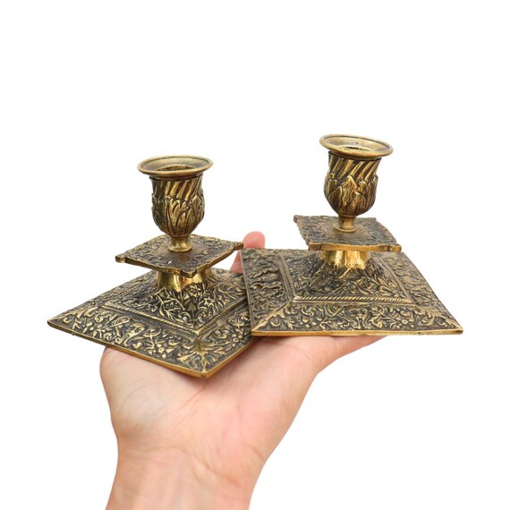 Antique Victorian Brass Candlesticks in the Gothic revival style, Ornate Brass Candle Holders