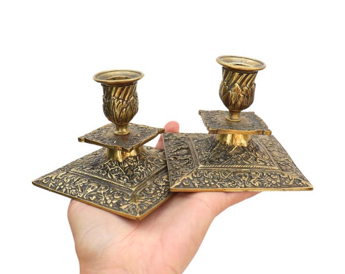 Antique Victorian Brass Candlesticks in the Gothic revival style, Ornate Brass Candle Holders