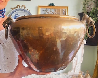 Large Indian Brass Jardiniere Plant Pot With Elephant Heads Handles H 10''