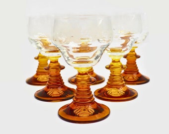 Mid Century Set of 6 Roemer wine glasses with amber stem and grapes and leaves decoration, Beehive Roemer Wine Glasses