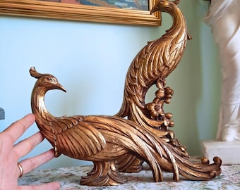 Large Mid-Century Syroco Gold Peacock Figurines Pair, Hollywood Regency Bird Statues 13.2'' Tall