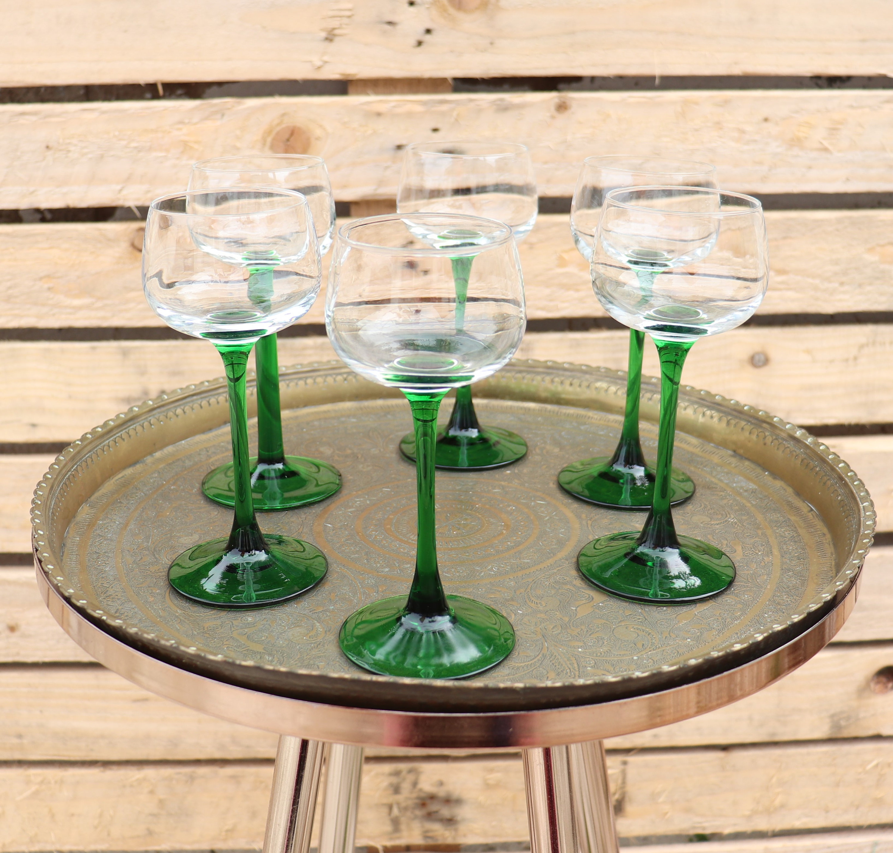 Mid Century Set of 6 Luminarc small wine glasses with green stem