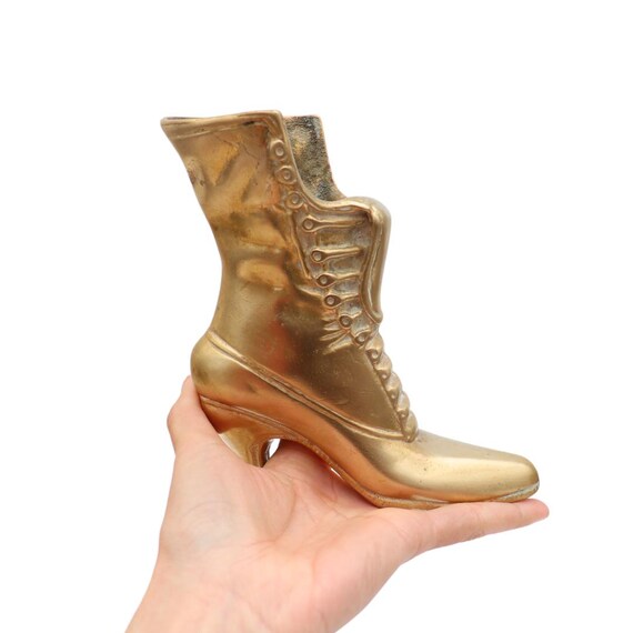 Mid Century Large Brass Victorian Style Boot Ornament Or Vase H 6.7'' Made In England Good, Luck Gift For Home