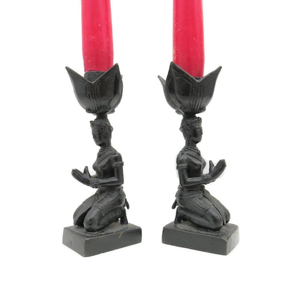 Indian Metal Candleholders Prayers Kneeling Down Holding Lotus Flower .Figural Candleholders