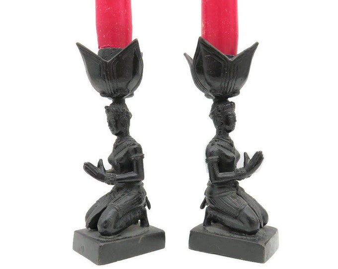 Indian Metal Candleholders Prayers Kneeling Down Holding Lotus Flower .Figural Candleholders