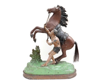 Cold Painted Spelter Marly Horse With Groom Sculpture After Guillaume Coustou, , French, late 19th century.