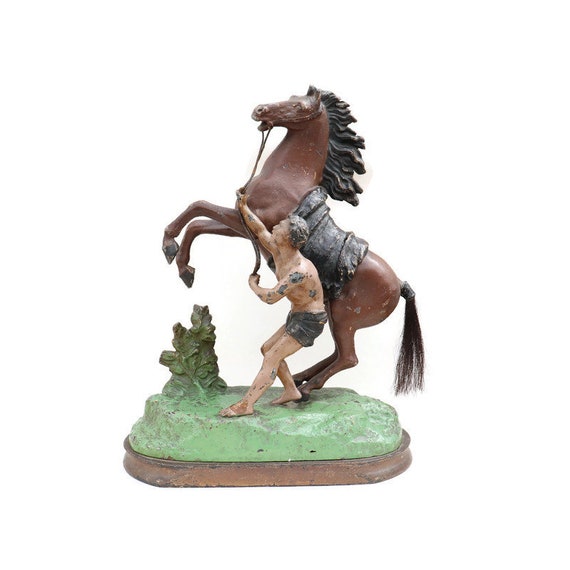 Cold Painted Spelter Marly Horse With Groom Sculpture After Guillaume Coustou, , French, late 19th century.