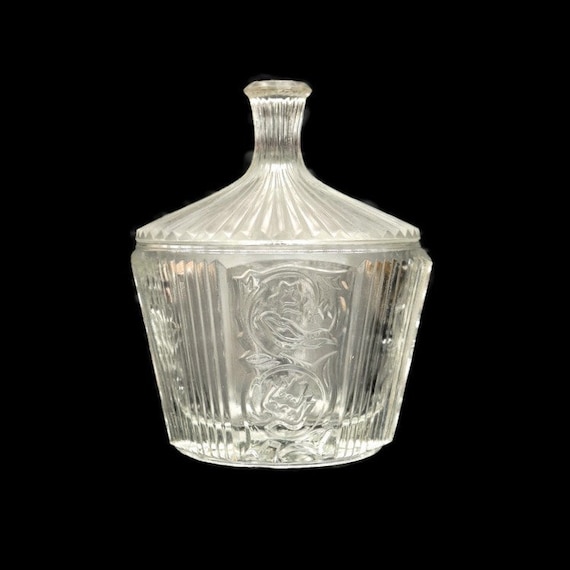 Vintage Pressed Glass Lidded Candy Dish Bonbonniere With Whale and Flower Pattern H 6.5 ' .